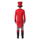 Red ringmaster costume with striped pants and top hat, worn by man, back view | Chaps London
