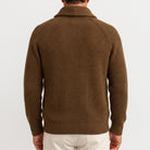 Brown ribbed knit shawl collar cardigan worn by man, back view | Chaps London