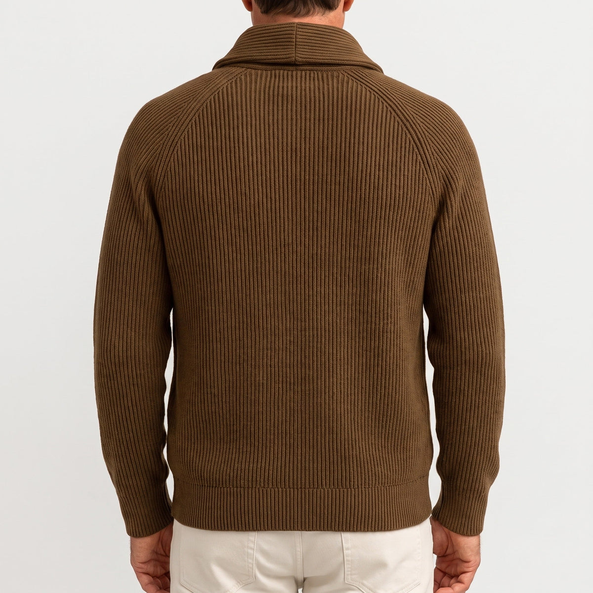 Brown ribbed knit shawl collar cardigan worn by man, back view | Chaps London