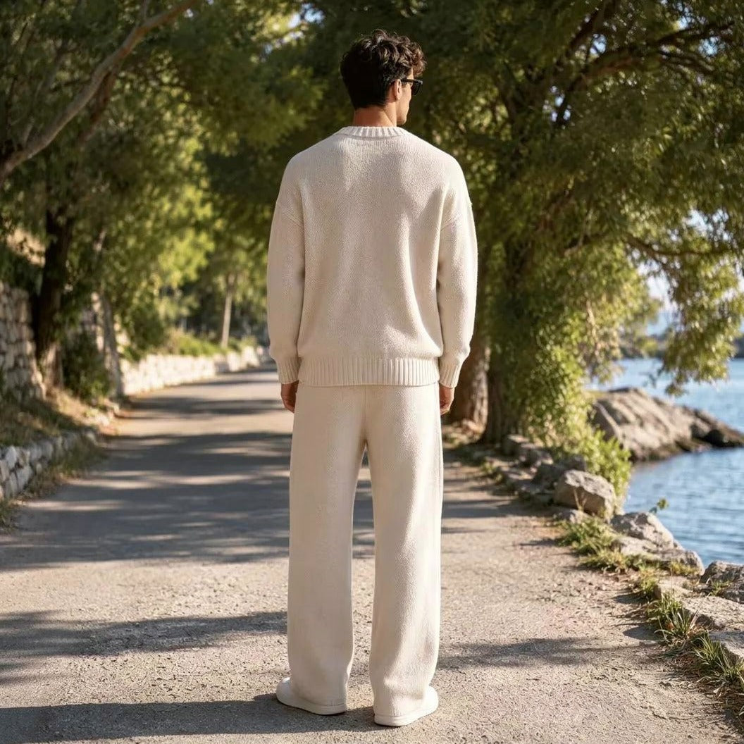 Men's Oversized Knit Set | Crew Neck Jumper | Wide Trousers | Cream
