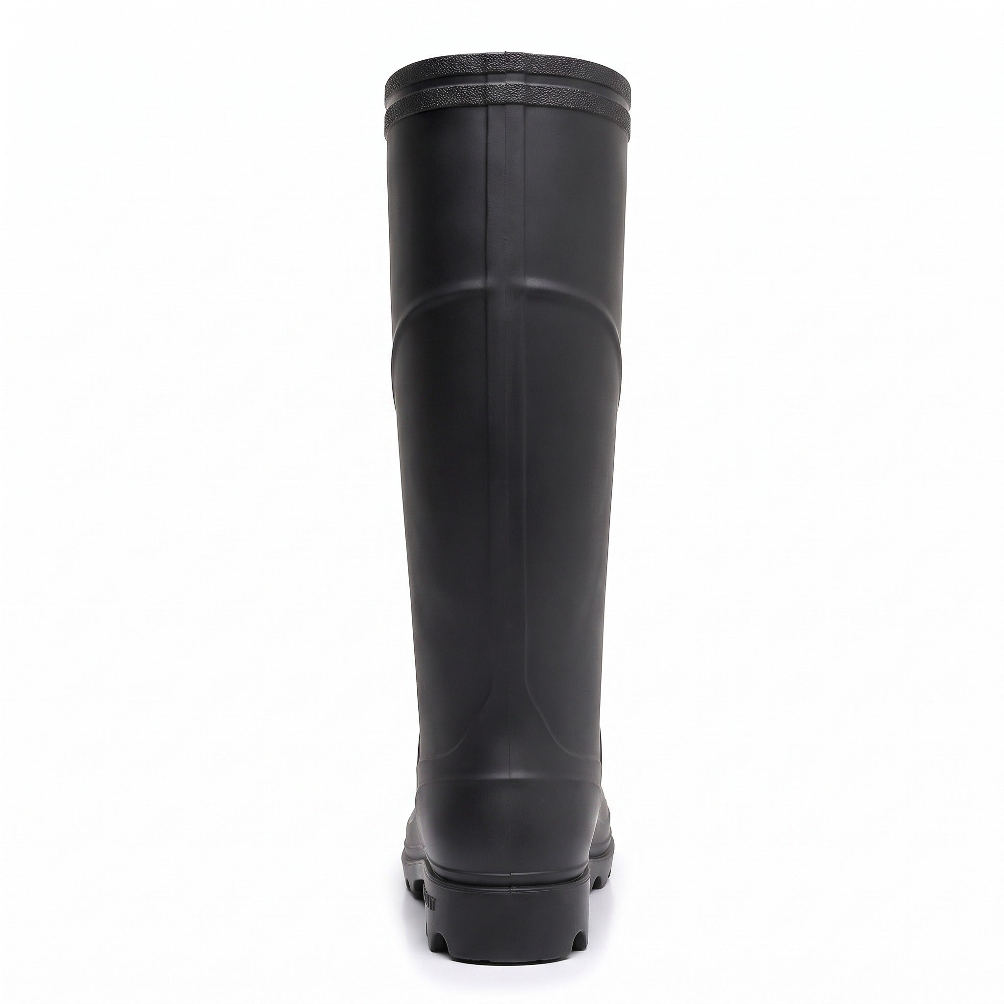 Black rubber knee-high boot shown standing alone, rear view, ribbed sole | Chaps London