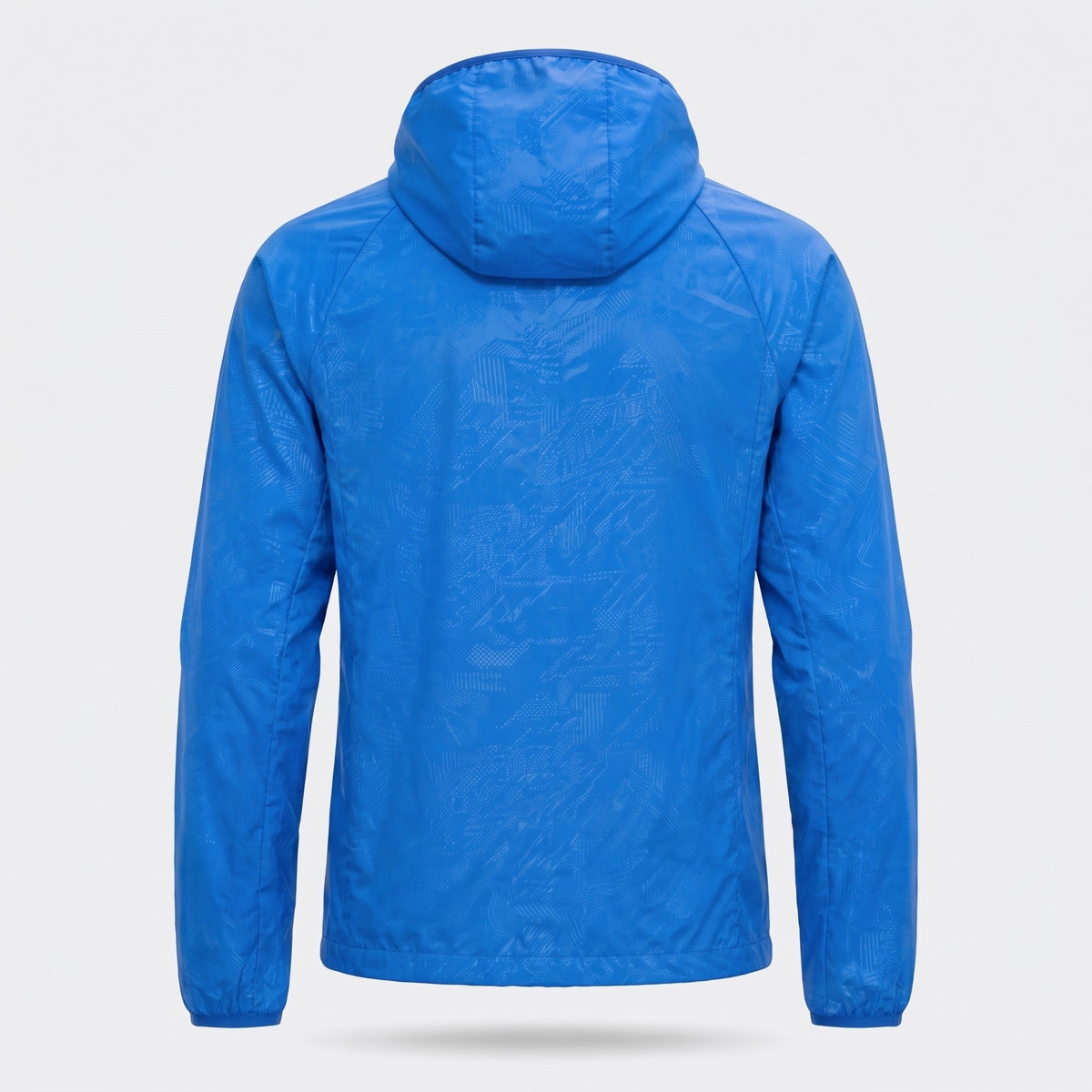 Blue hooded windbreaker jacket with subtle pattern, shown back view on mannequin | Chaps London