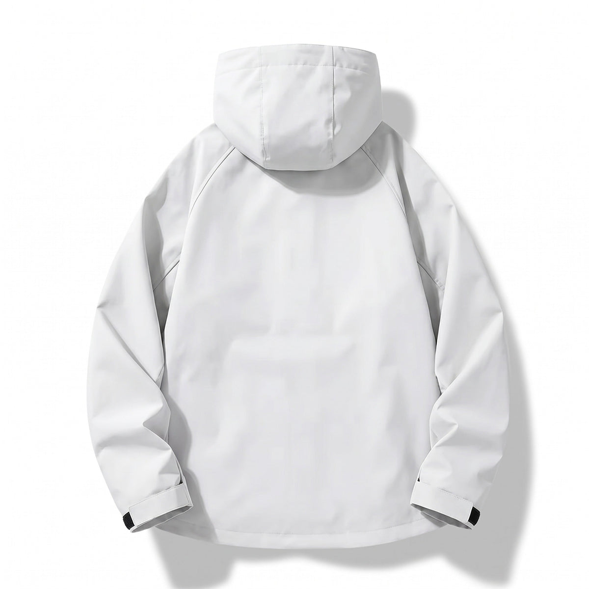 White hooded rain jacket, back view, flat lay on plain background | Chaps London