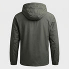 Olive green hooded rain jacket shown from behind on mannequin | Chaps London