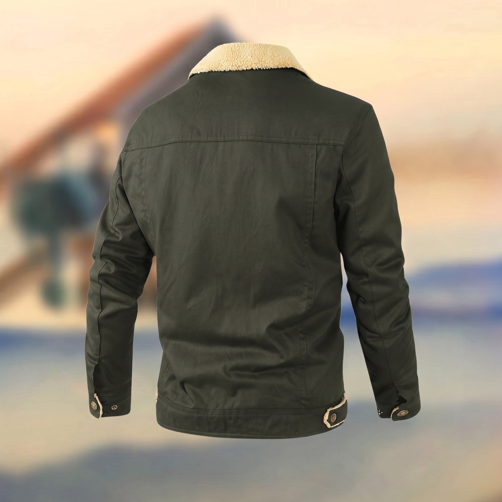 Dark green sherpa-collar trucker jacket shown from behind on mannequin | Chaps London
