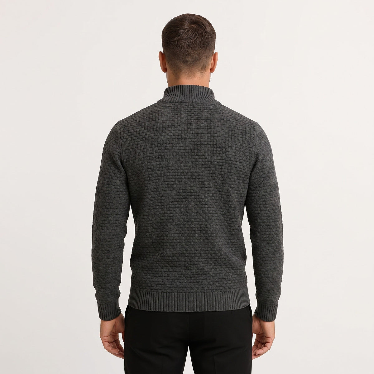 Man wearing dark grey waffle knit quarter zip jumper, back view | Chaps London