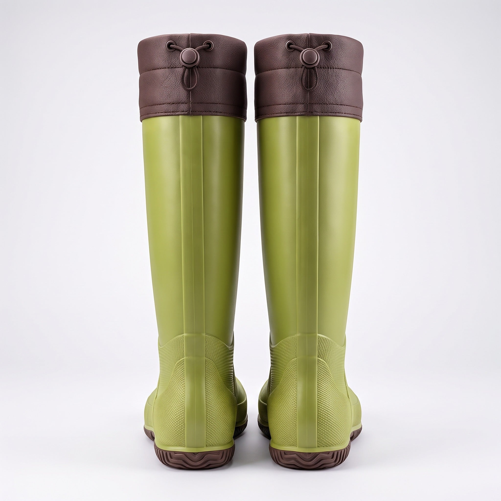 Green Wellington boots with brown cuffs, rear view, standing upright | Chaps London