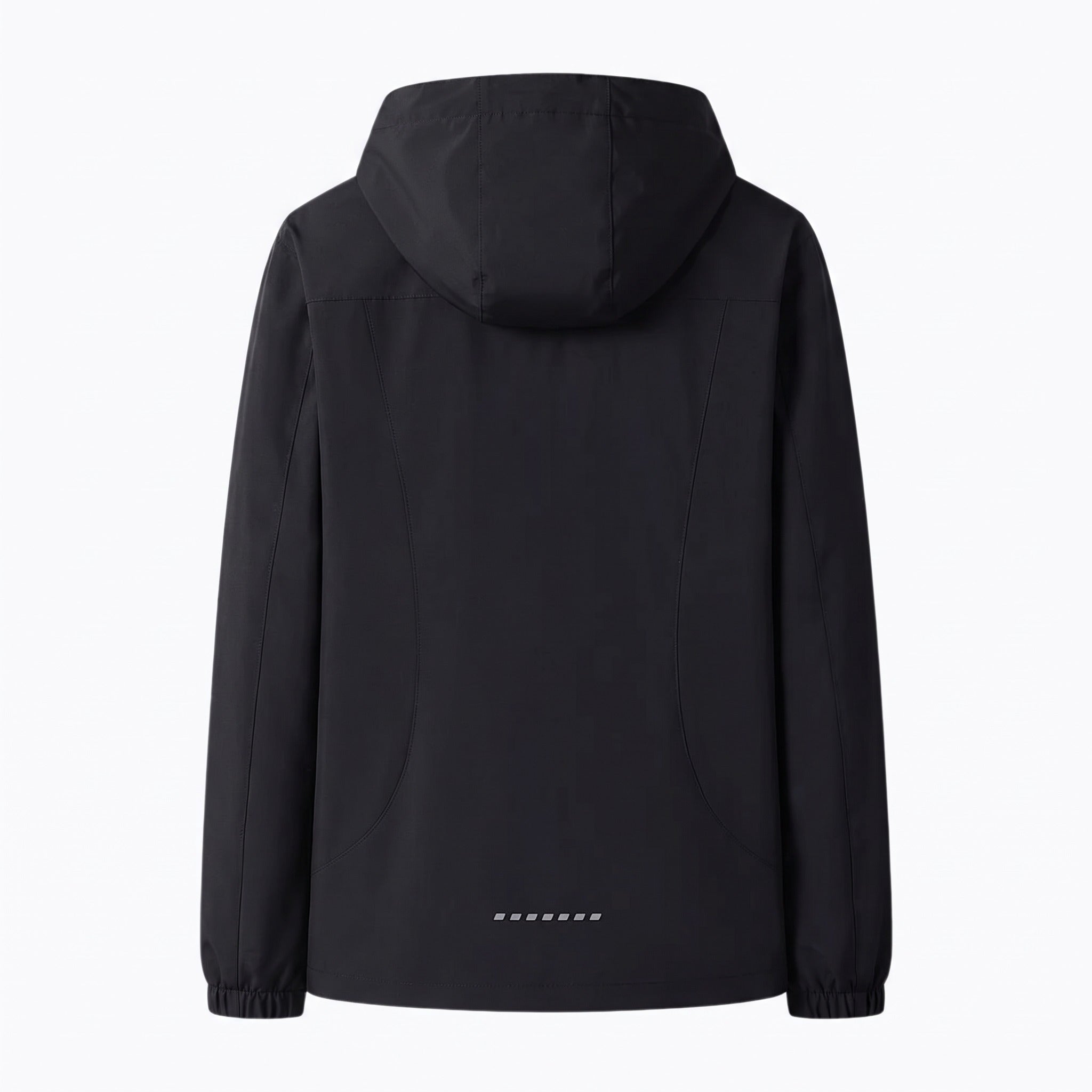 Black hooded jacket back view, flat lay with elastic cuffs visible | Chaps London