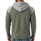 Man wearing green waffle-knit hoodie with gray raglan sleeves, back view | Chaps London