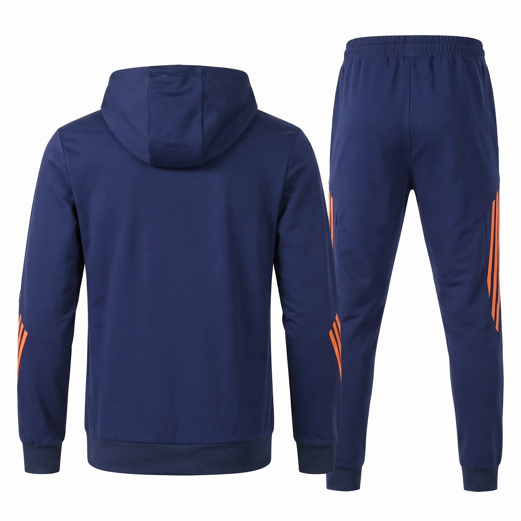 Navy blue hooded tracksuit with orange stripes, back view, flat lay | Chaps London