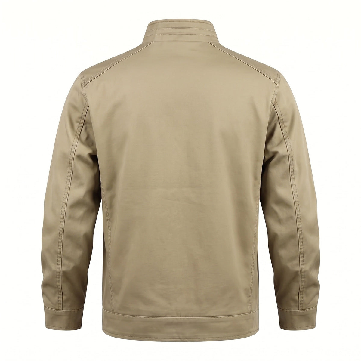 Khaki cotton field jacket with stand collar, back view, worn by person | Chaps London