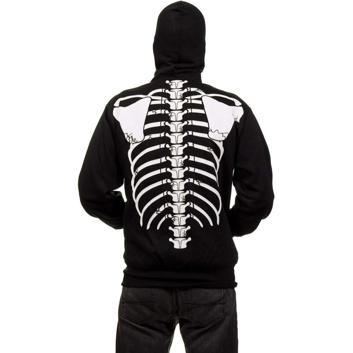 Black hooded sweatshirt with white skeleton ribcage print, worn by person, back view | Chaps London
