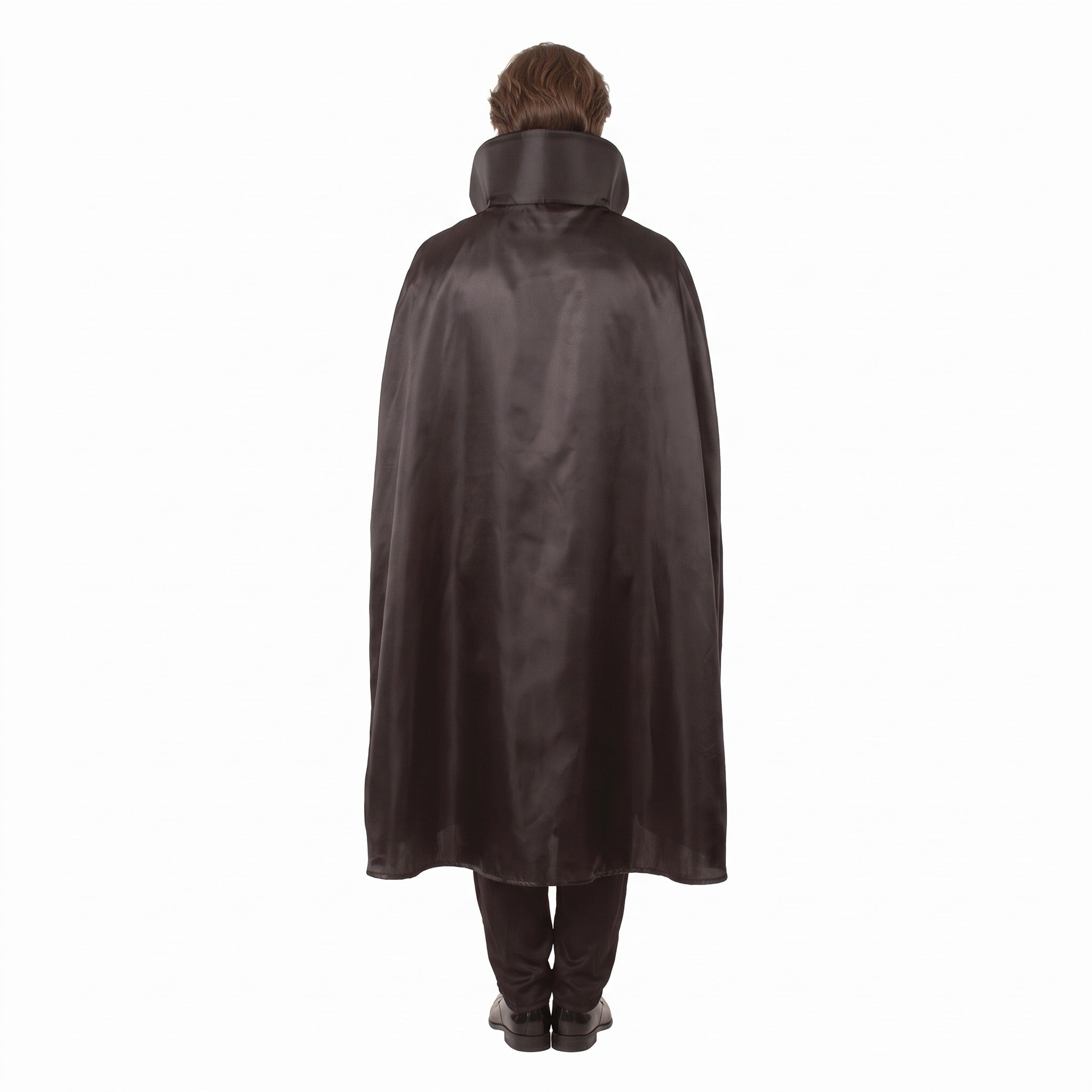 Man wearing brown high collar cape costume, rear view, standing | Chaps London