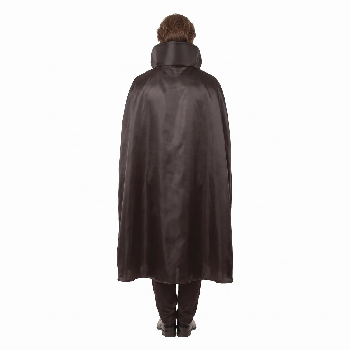 Man wearing brown high collar cape costume, rear view, standing | Chaps London