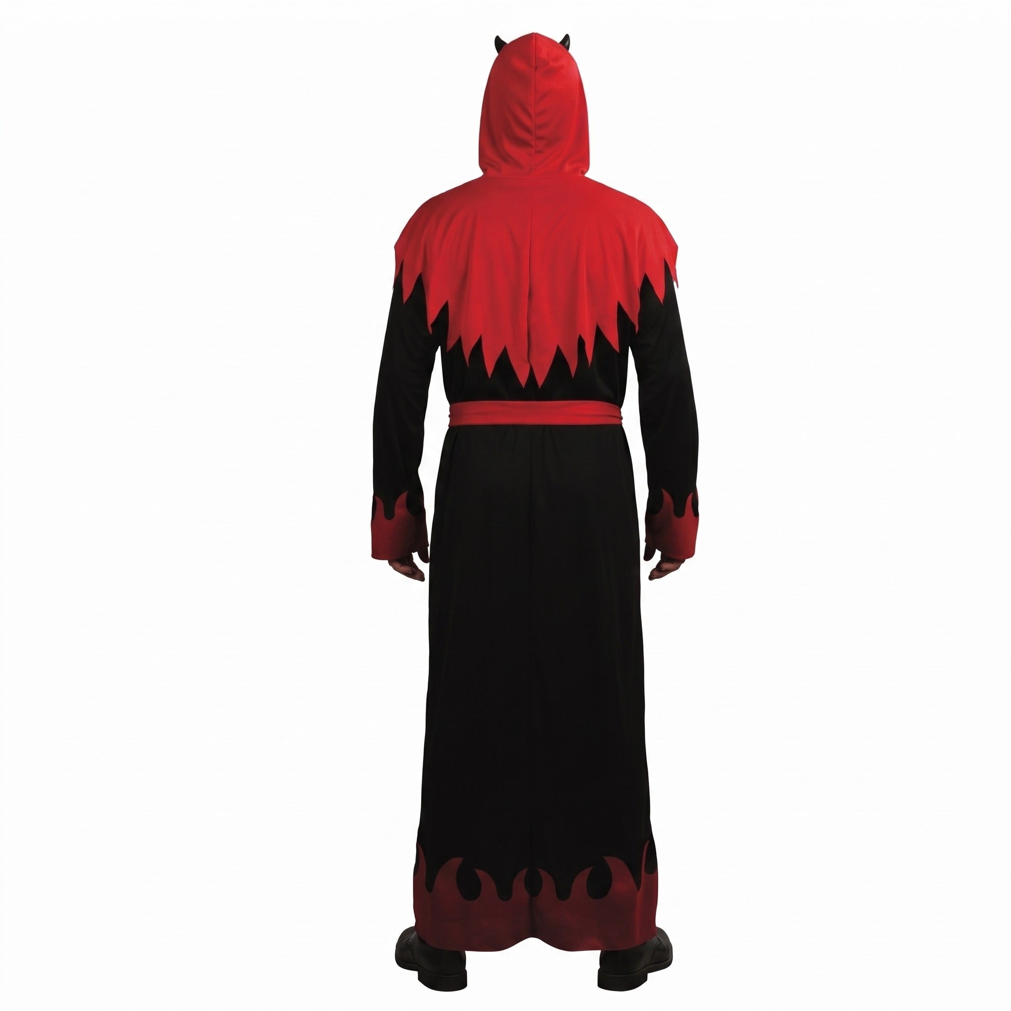 Black and red devil robe with hood, worn by person, back view | Chaps London