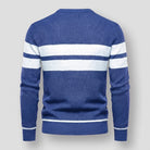 Navy blue knit sweater with white chest stripes, shown back view flat | Chaps London