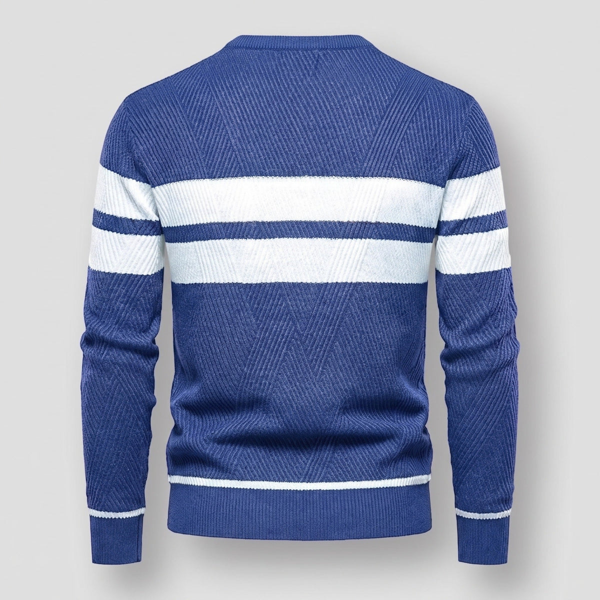 Navy blue knit sweater with white chest stripes, shown back view flat | Chaps London