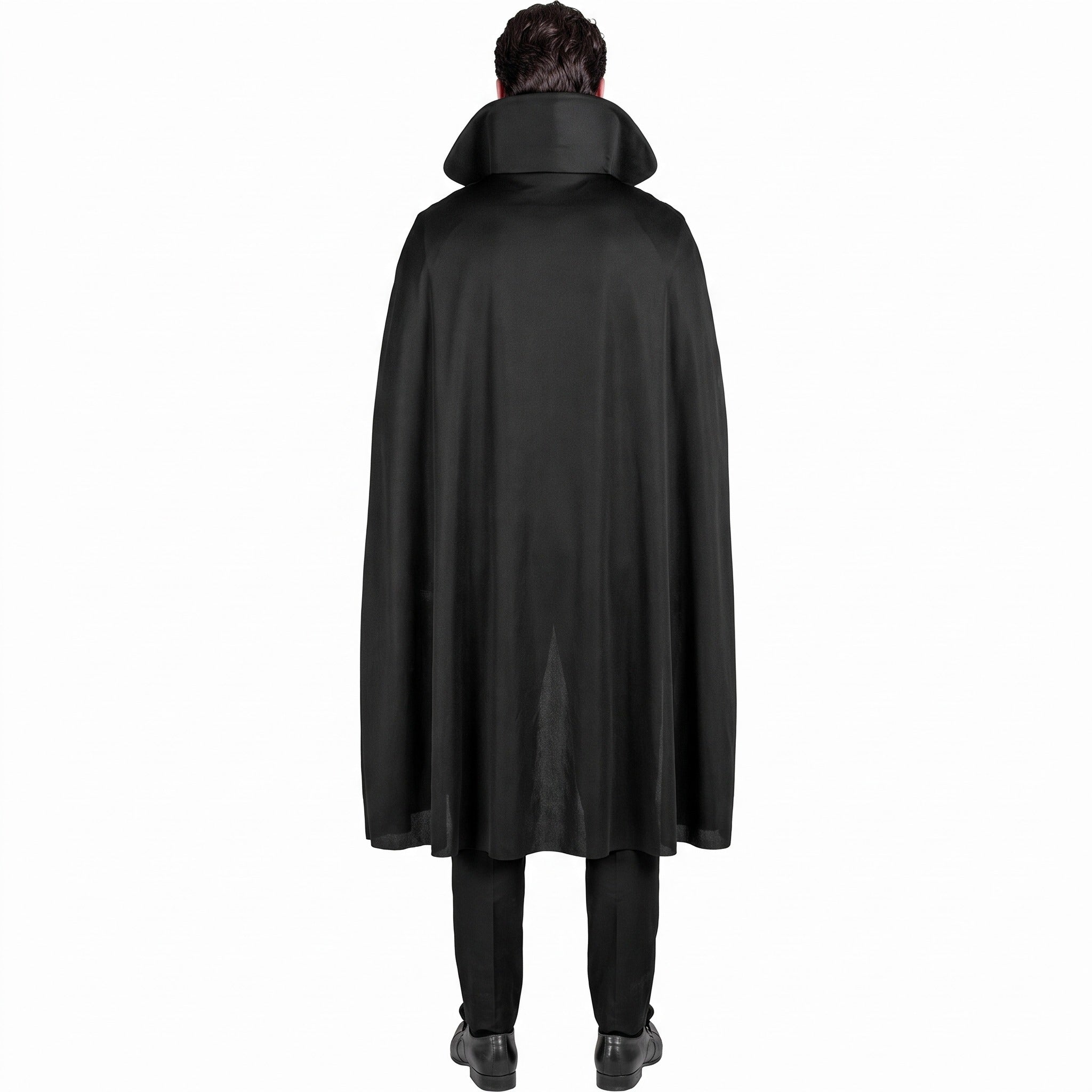 Man wearing black high-collar cape costume, viewed from behind, standing | Chaps London