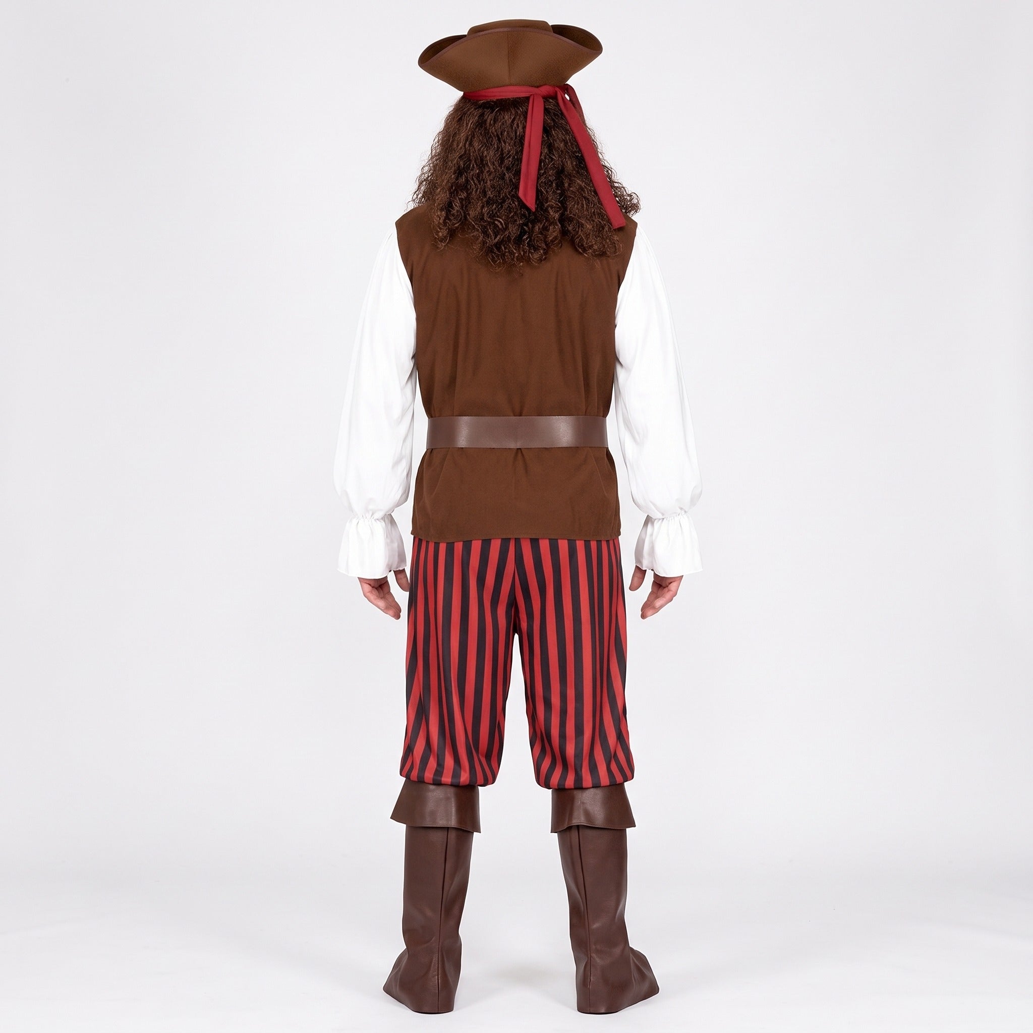 Man wearing brown pirate costume with red striped pants, viewed from behind | Chaps London