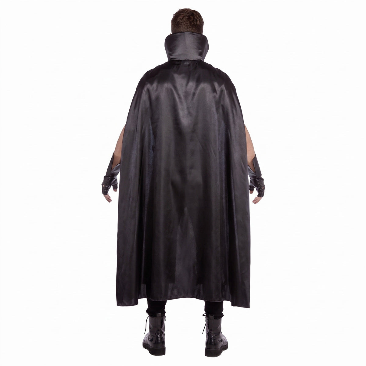 Man wearing black high-collar cape costume, rear view, with gloves and boots | Chaps London