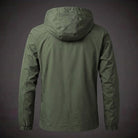 Olive green hooded windbreaker jacket shown from behind on mannequin | Chaps London