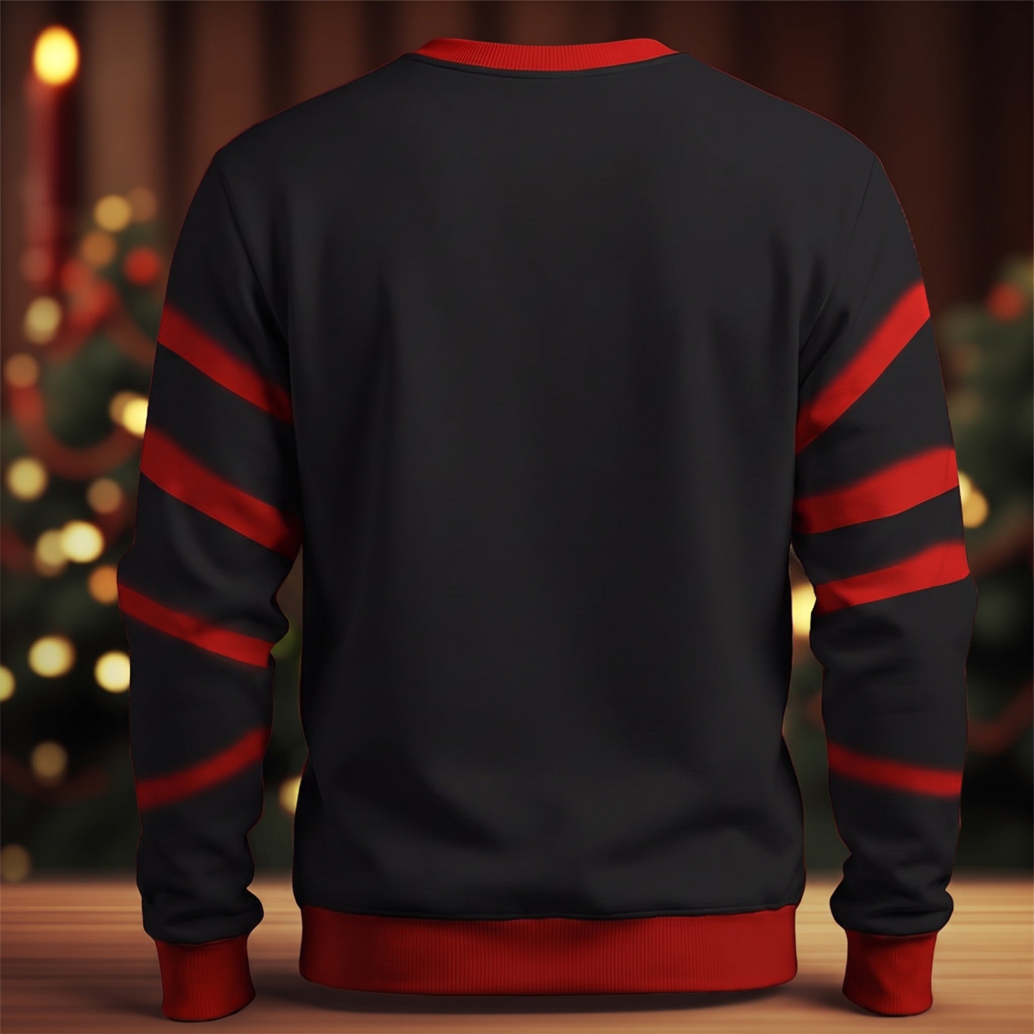 Black sweatshirt with red striped sleeves worn by a person, back view | Chaps London