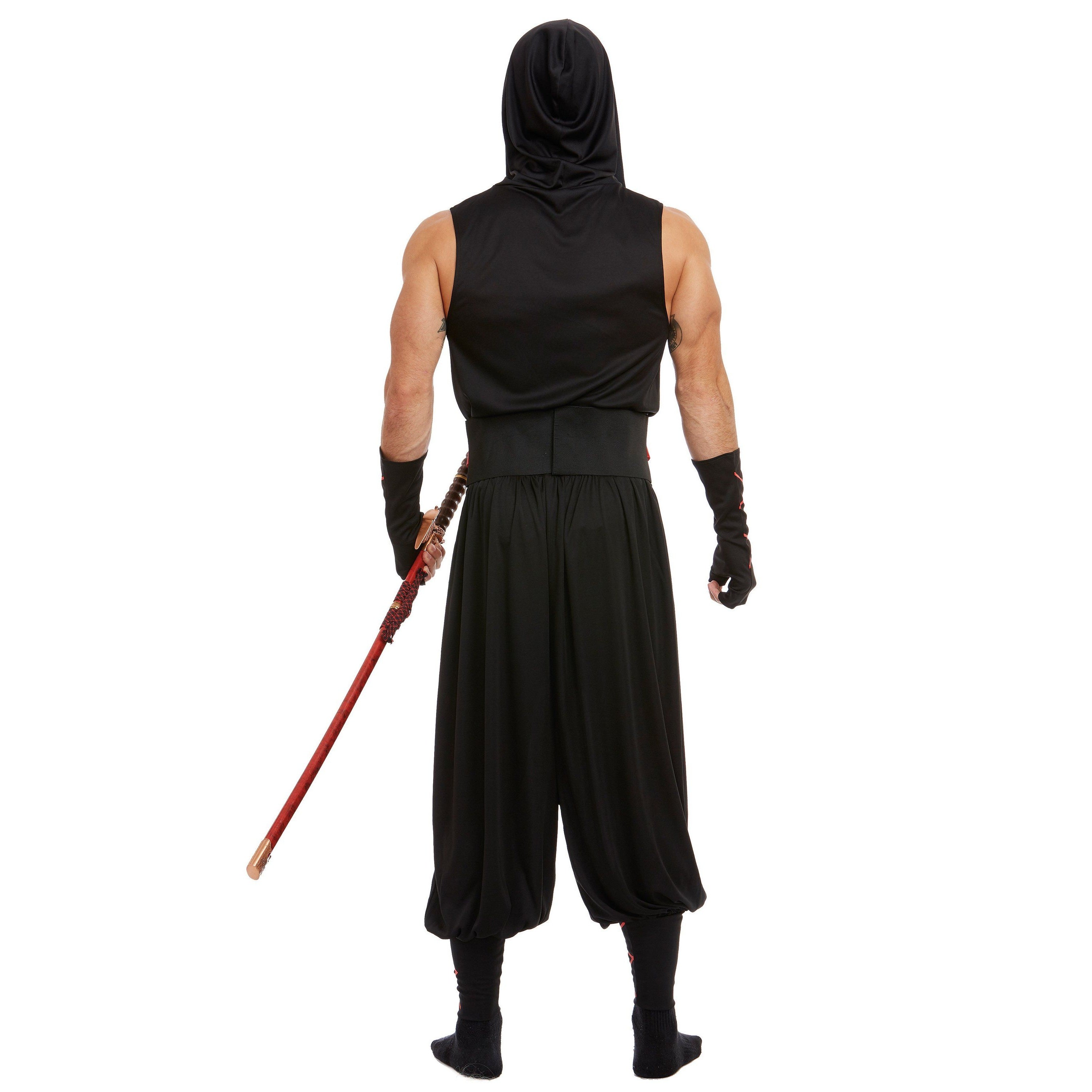 Man wearing black ninja costume with hood, viewed from behind, holding sword | Chaps London