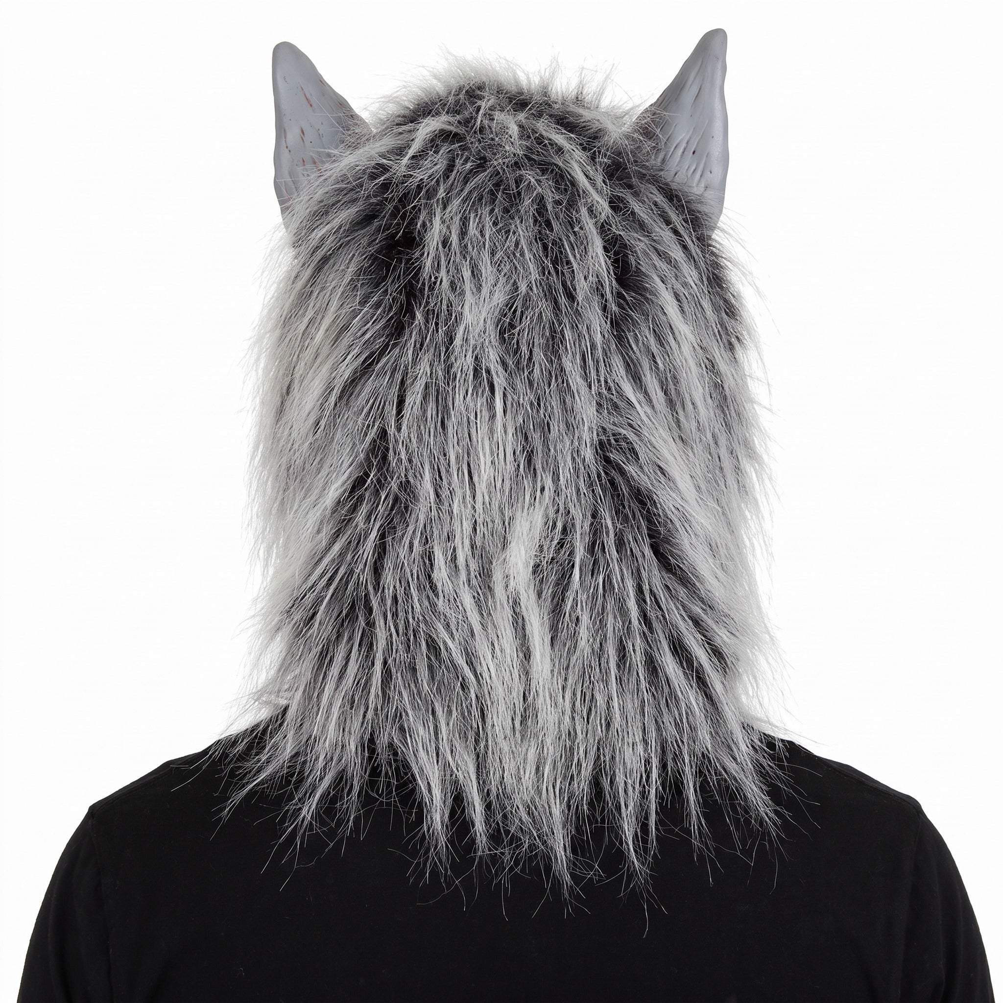 Grey werewolf mask with pointed ears, worn by a person, back view | Chaps London