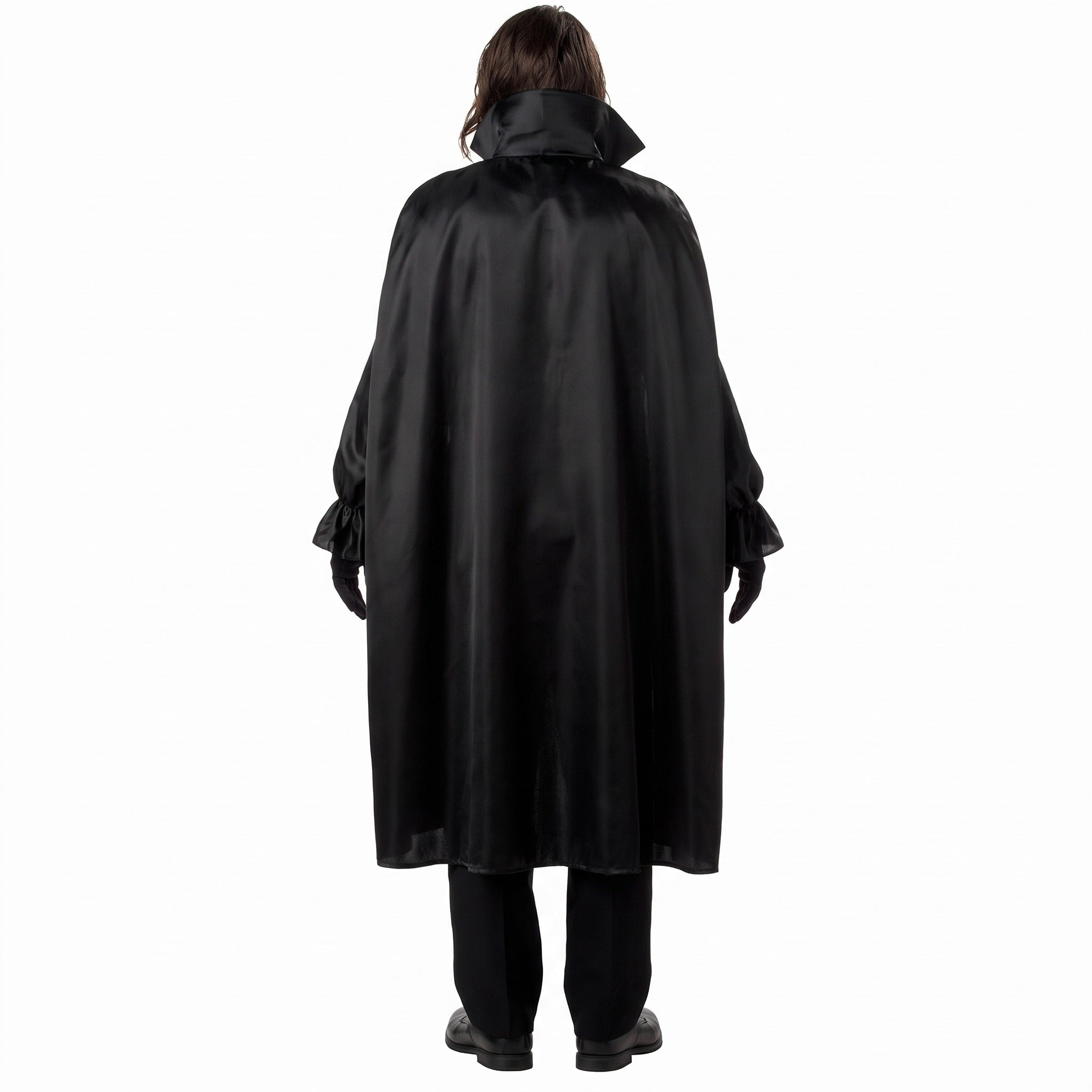 Man wearing black satin cape costume with tall collar, back view | Chaps London