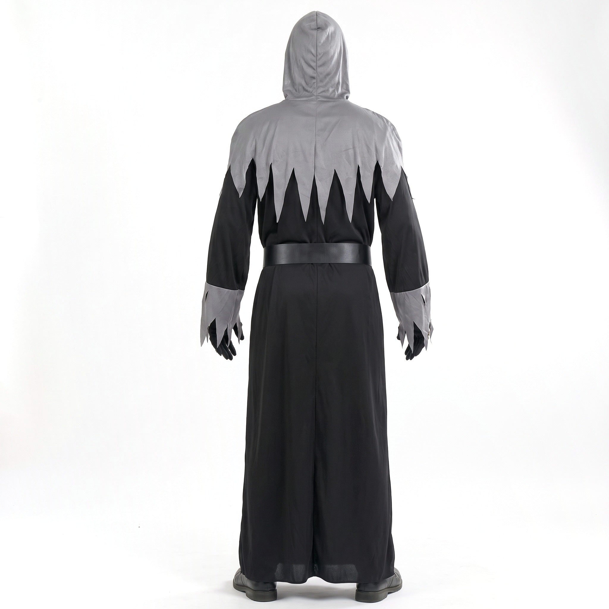 Gray and black hooded robe costume worn by a person, back view | Chaps London