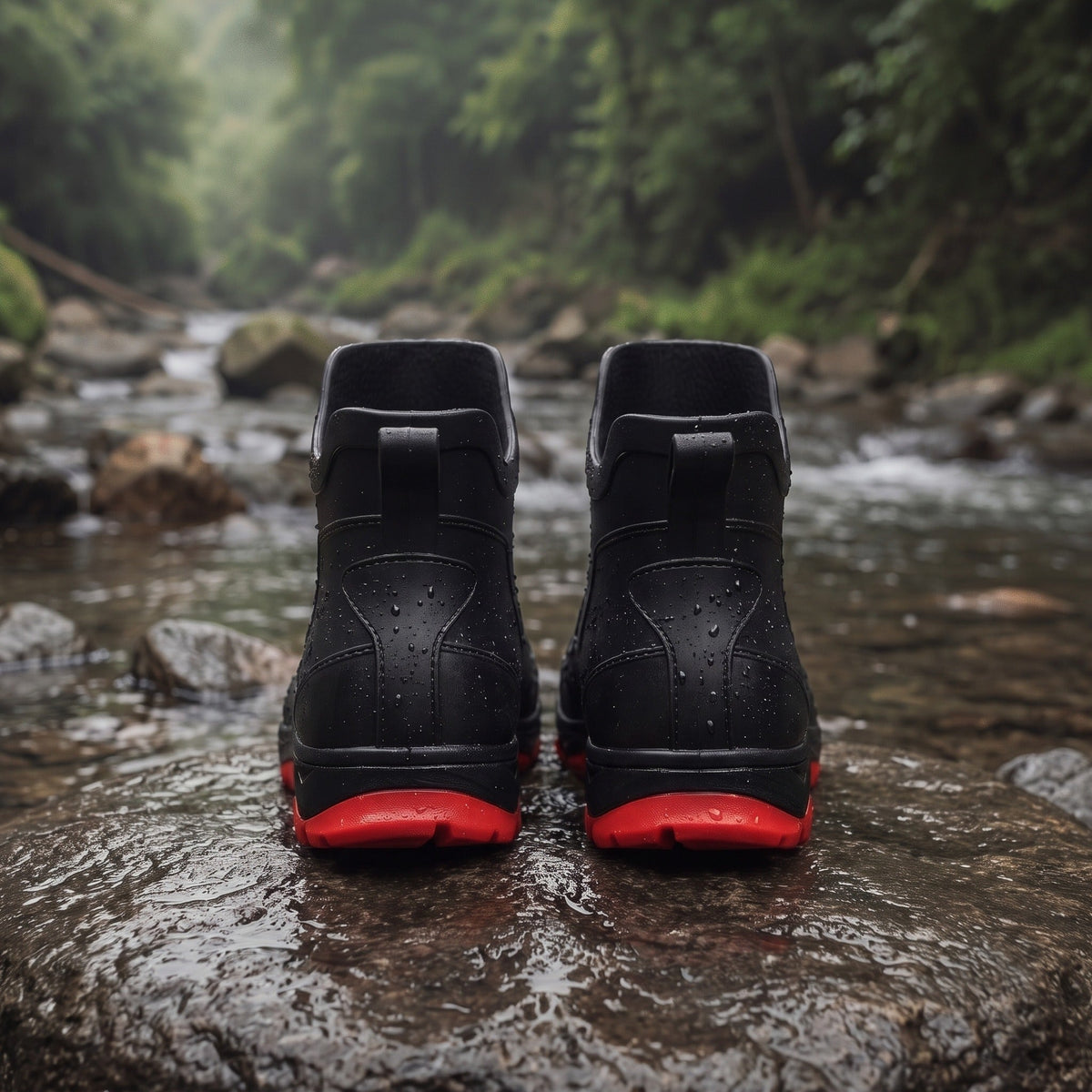 Black short rain boots with red soles, standing on wet rock | Chaps London