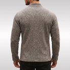 Man wearing gray textured knit cardigan, back view, paired with dark jeans | Chaps London