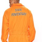 Man wearing orange jumpsuit with back text, rear view shown | Chaps London