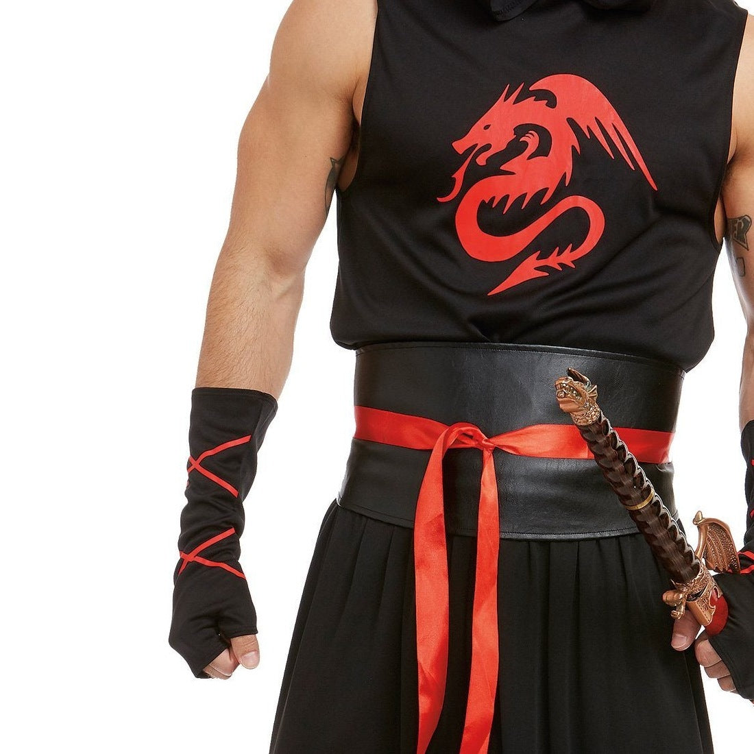 Man wearing black ninja costume with red dragon print and sash | Chaps London