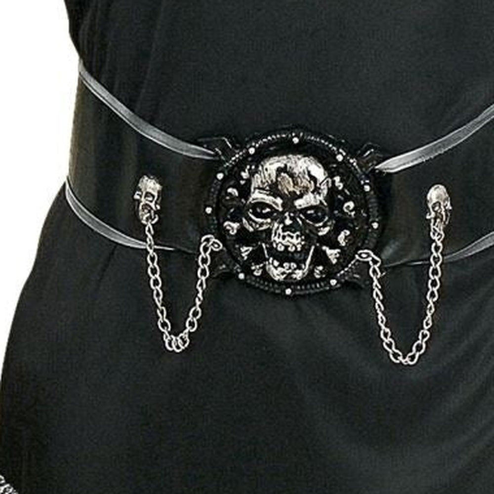 Black belt with silver skull buckle and chains, worn on costume | Chaps London