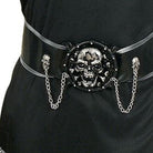 Black belt with silver skull buckle and chains, worn on costume | Chaps London
