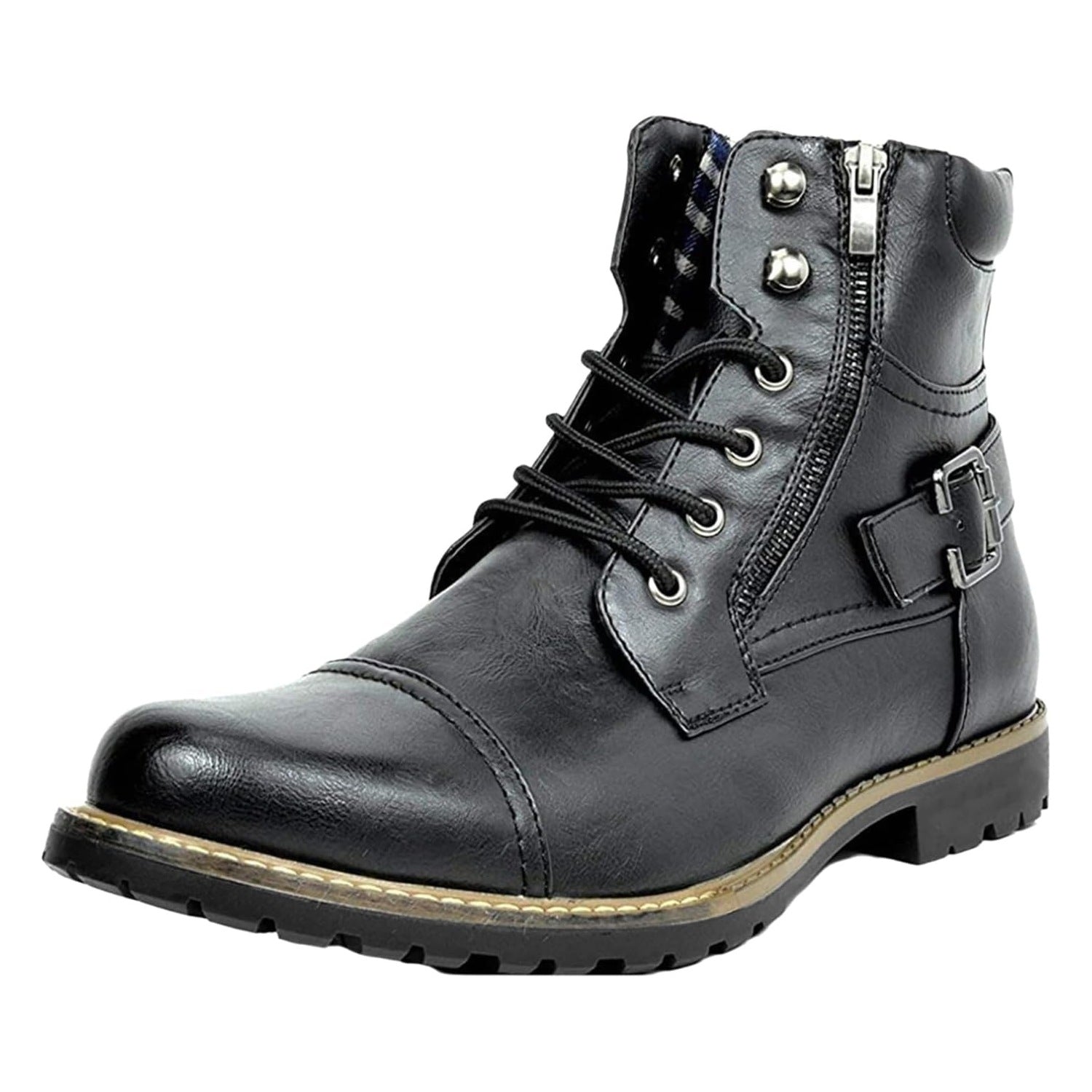 Black leather lace-up ankle boot with side zipper and buckle strap | Chaps London