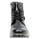Black leather lace-up biker boot with side zipper, front view, flat lay | Chaps London