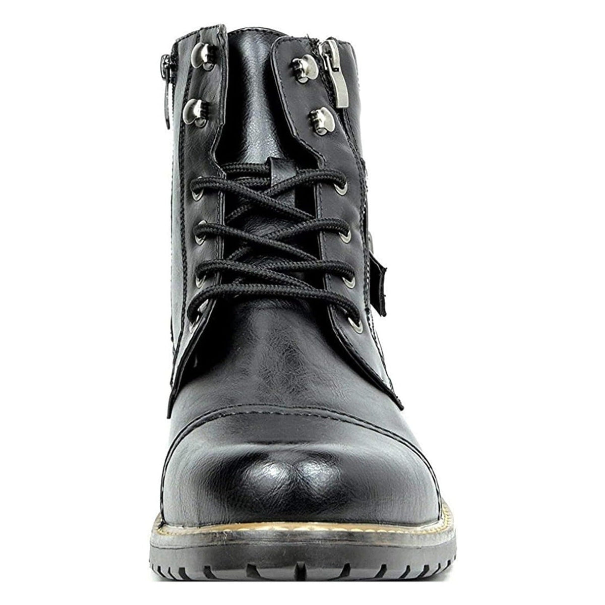Black leather lace-up biker boot with side zipper, front view, flat lay | Chaps London