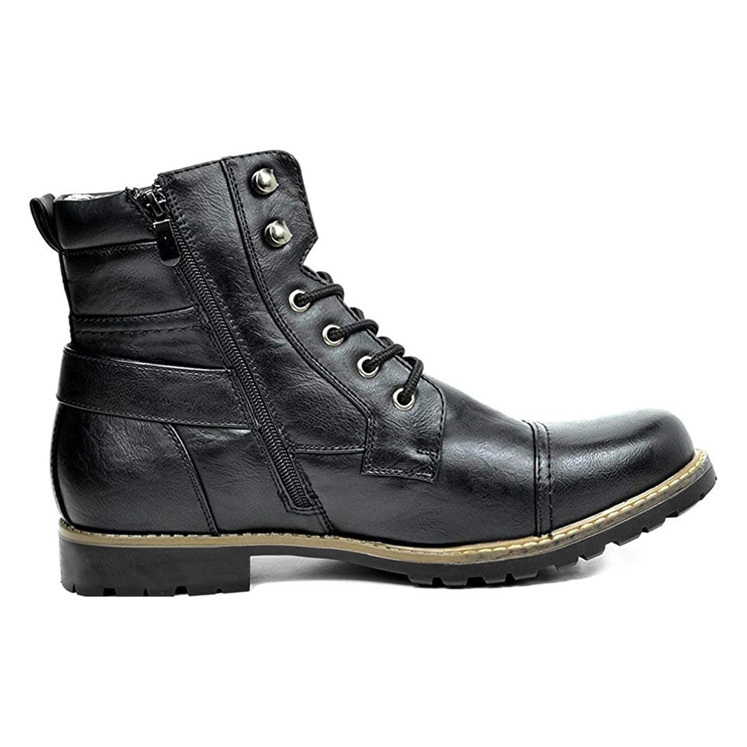 Black leather biker boot with side zip and buckle strap detail | Chaps London