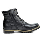 Black leather biker boot with side zip and buckle strap detail | Chaps London