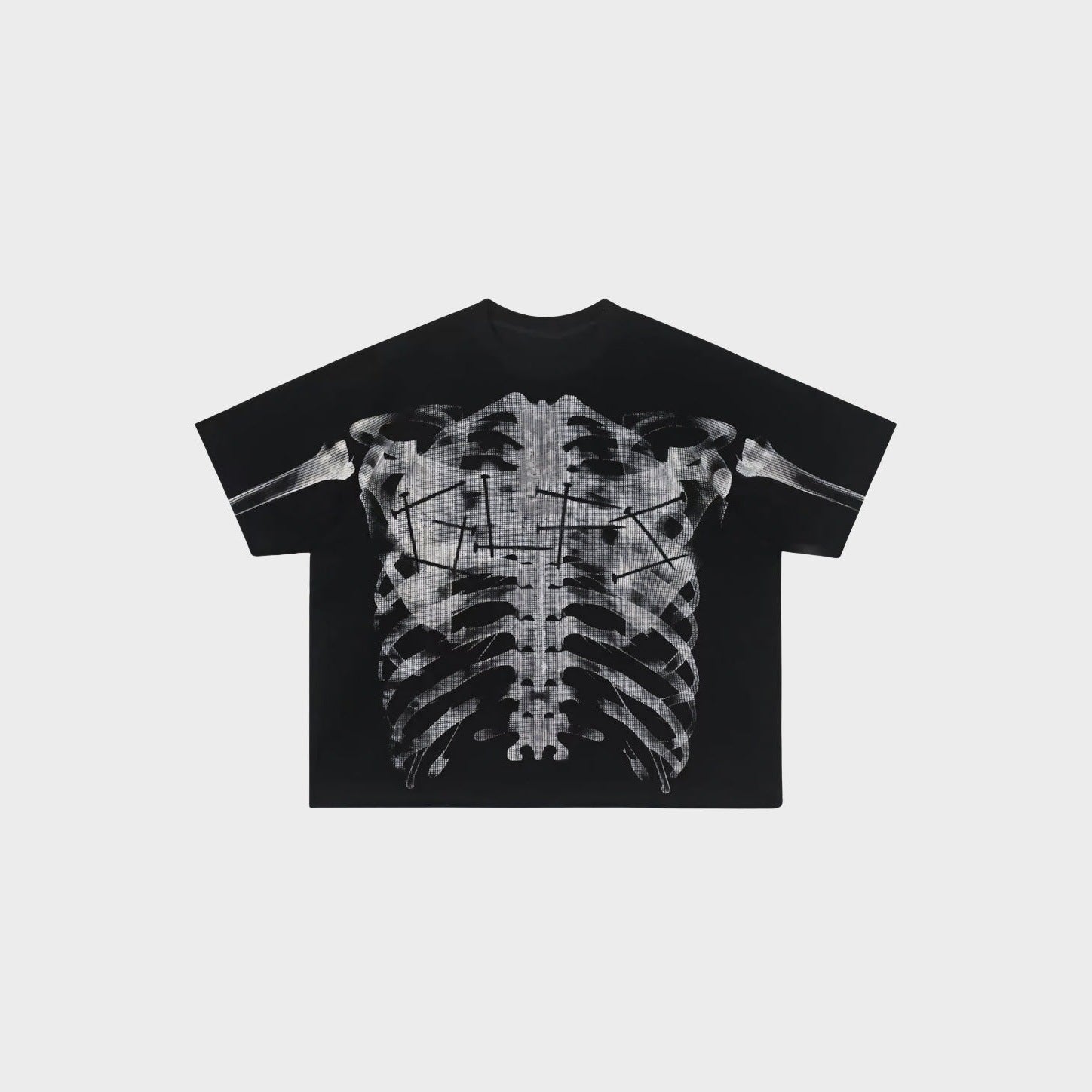 Black oversized t-shirt with ribcage x-ray print, laid flat | Chaps London