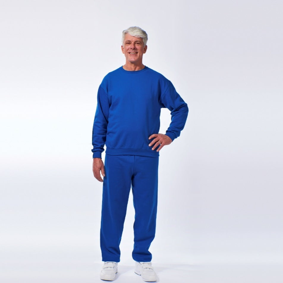 Man wearing blue crew neck sweatshirt and matching jogger tracksuit set | Chaps London