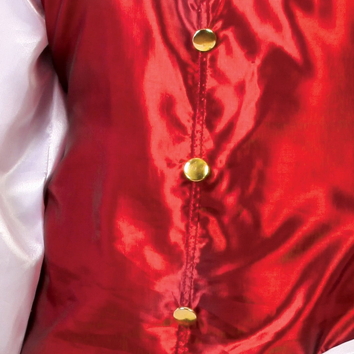 Close-up of red satin vest with gold buttons, worn by person | Chaps London