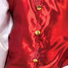 Close-up of red satin vest with gold buttons, worn by person | Chaps London