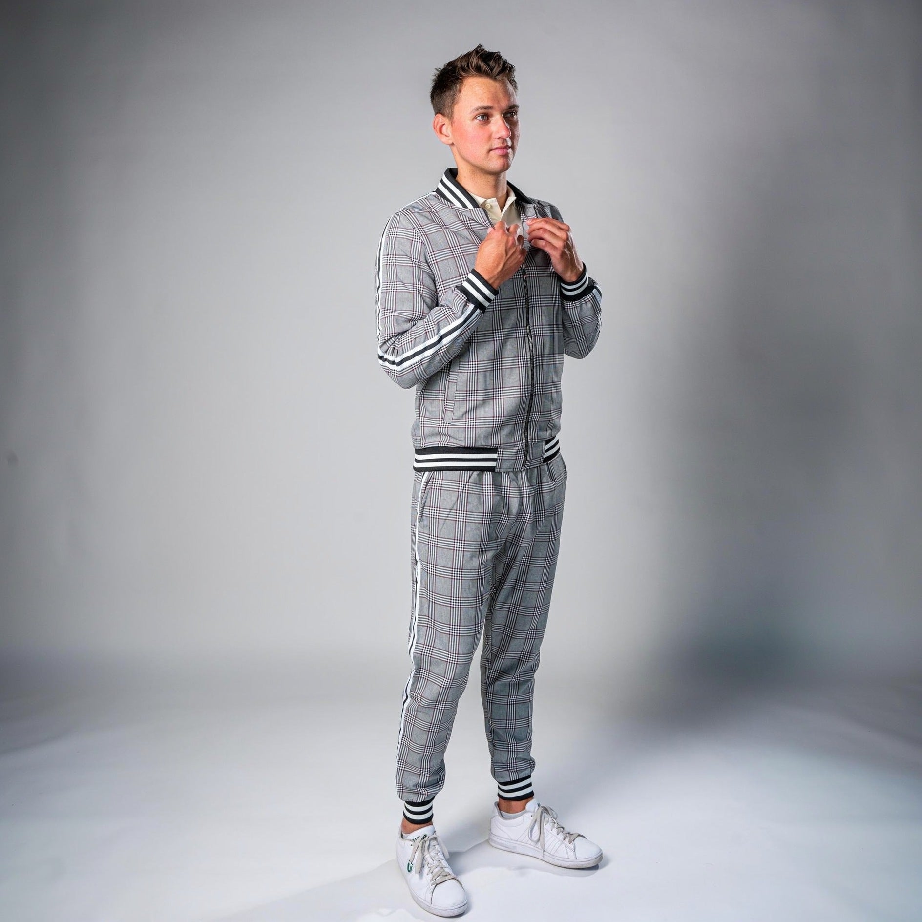 Man wearing gray check tracksuit with zip jacket and jogger pants | Chaps London