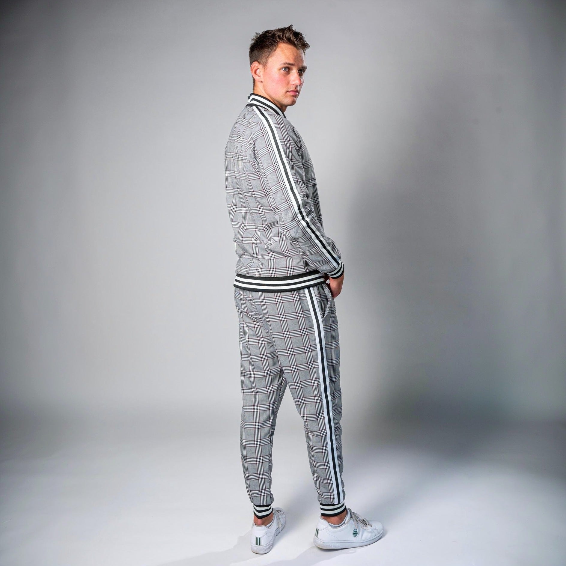 Man wearing grey check tracksuit with zip jacket and matching joggers | Chaps London