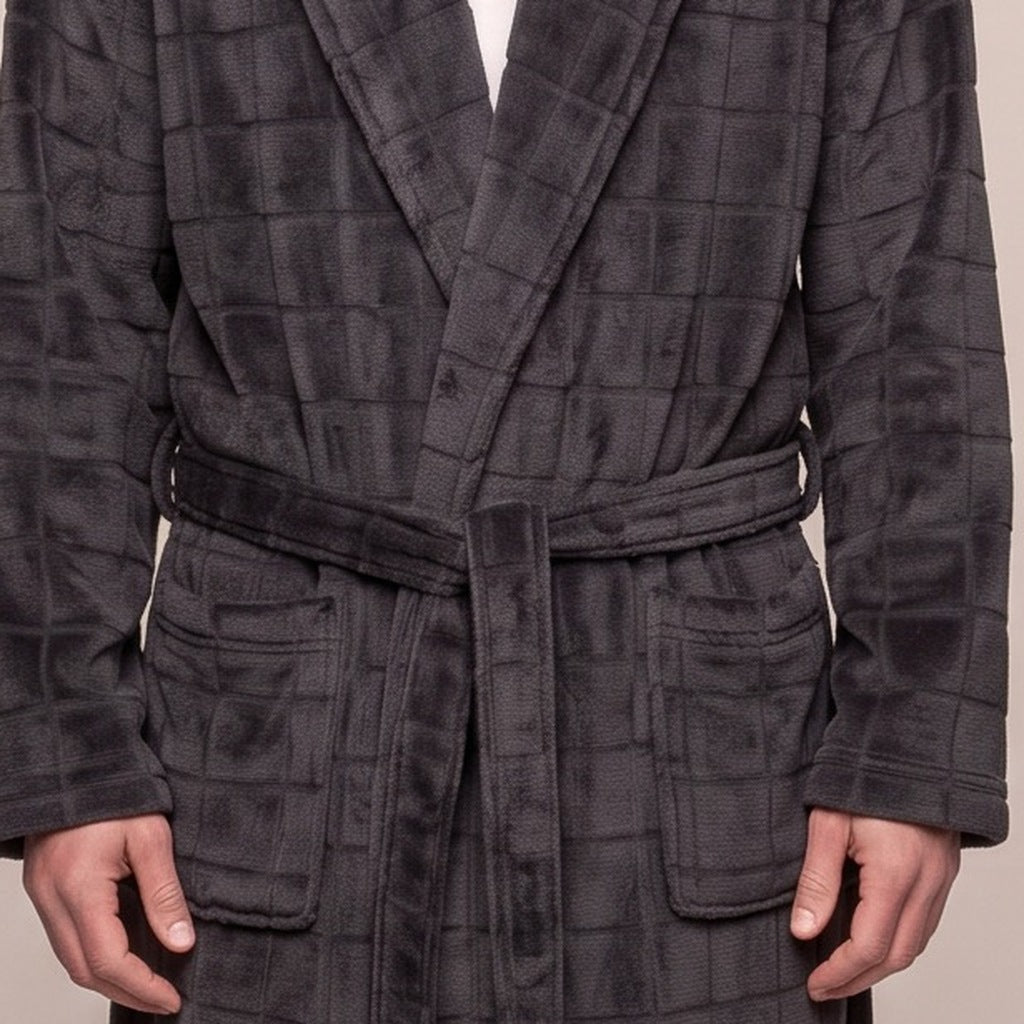 Men's Check Fleece Dressing Gown | Long | Dark Grey