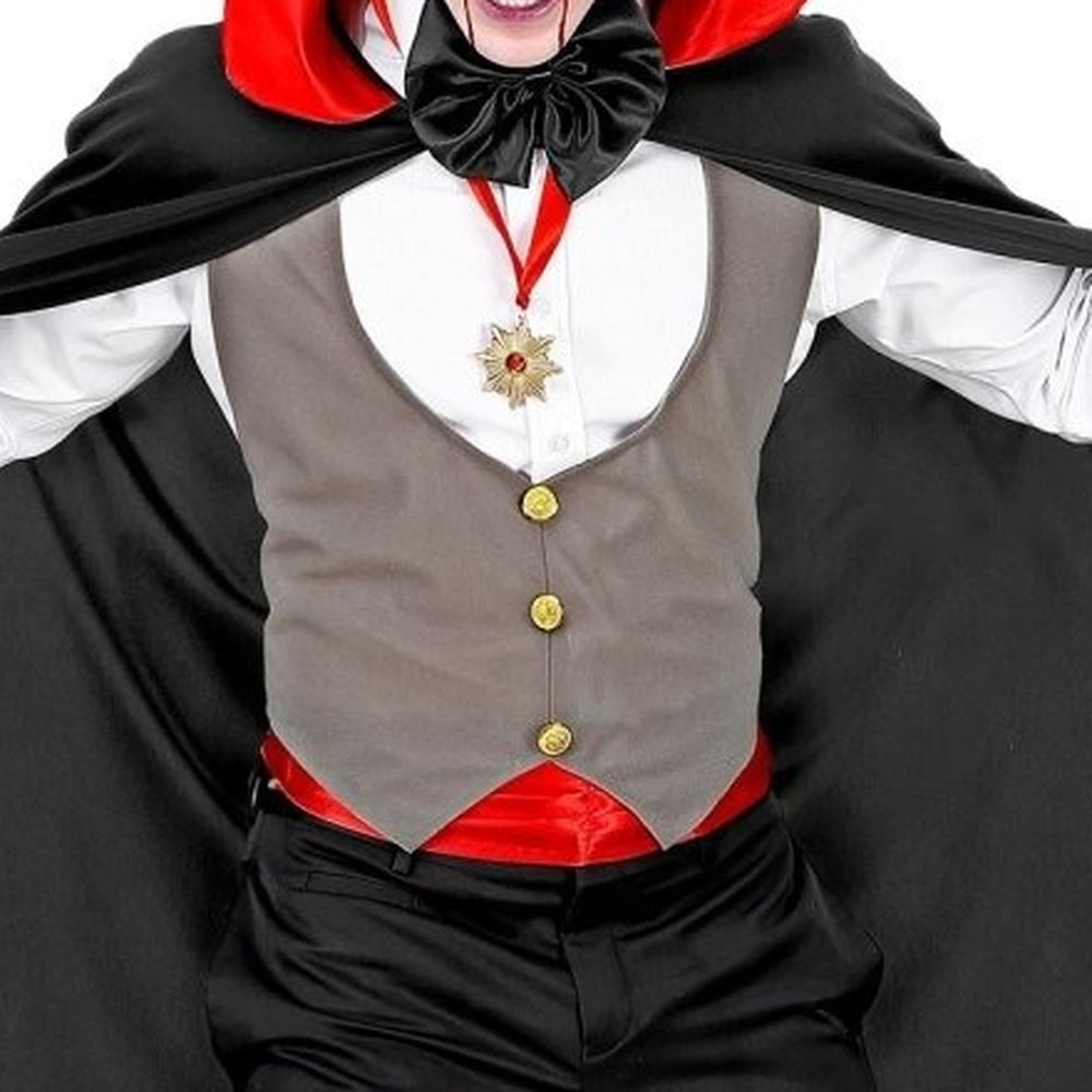 Vampire costume worn by man, grey waistcoat with red cummerbund and black cape | Chaps London