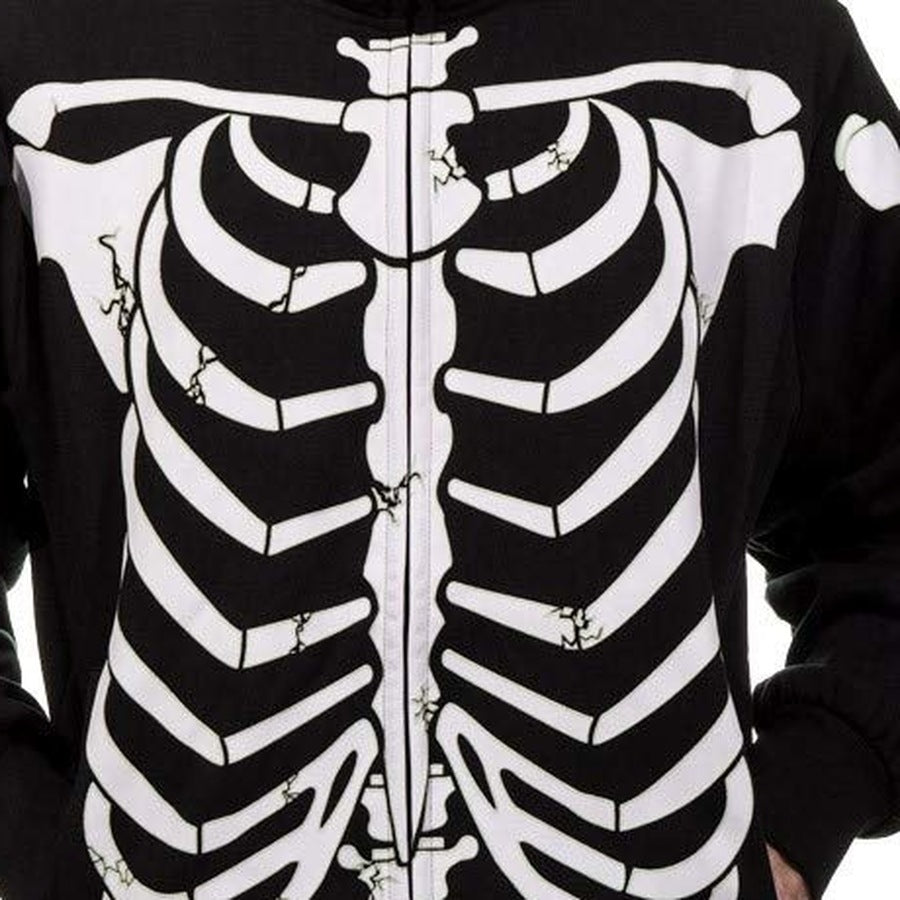 Black zip-up hoodie with white skeleton rib cage print, worn by person | Chaps London